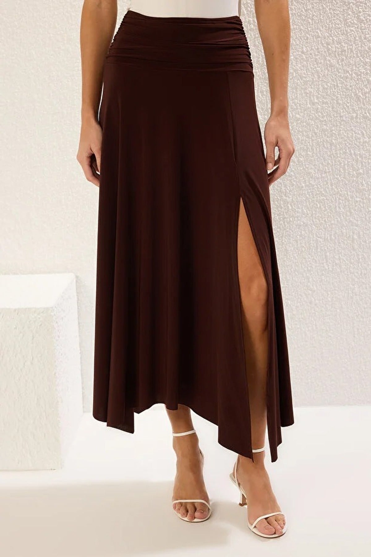 Waist Detail Slit Stretch Knit Maxi Skirt