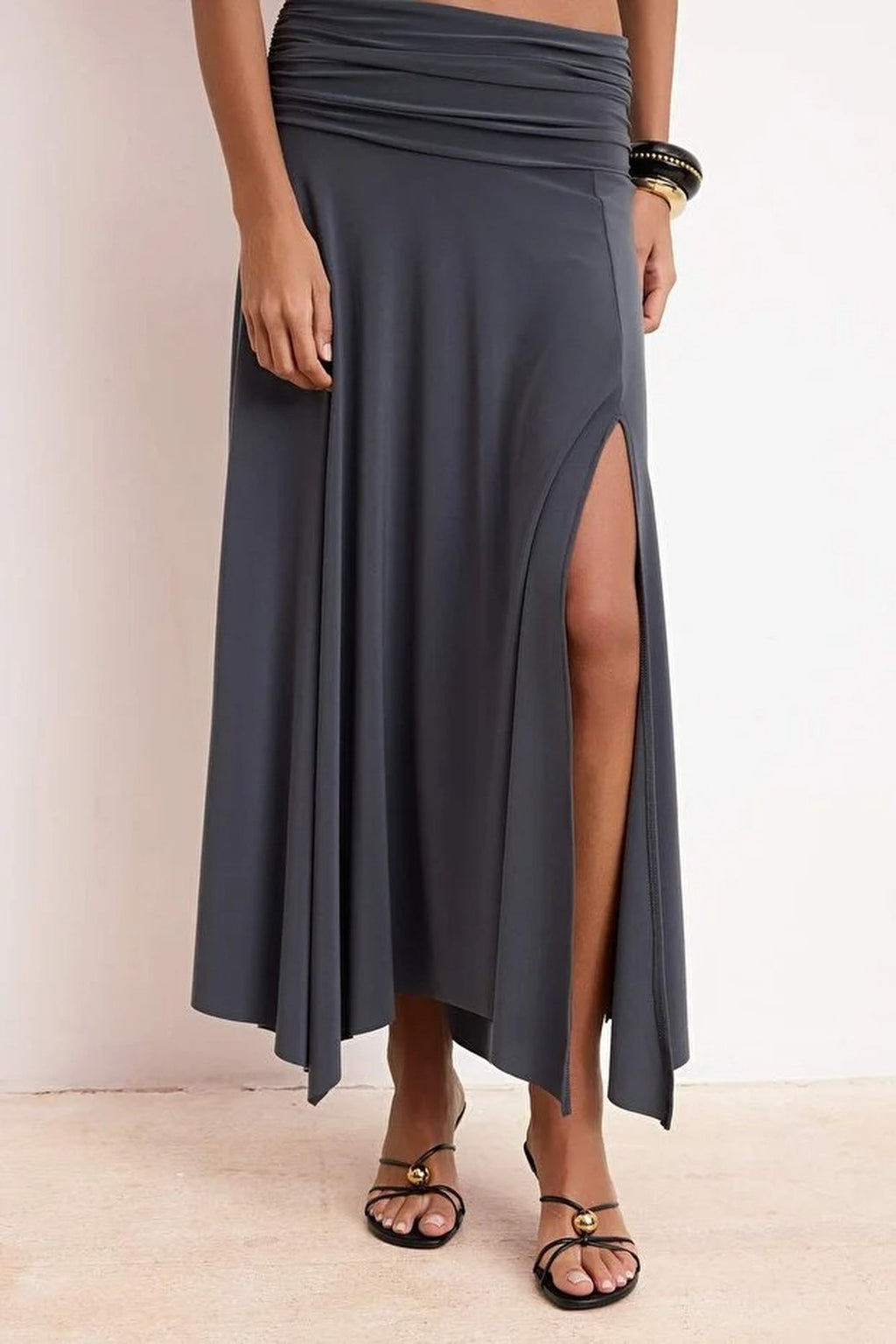 Waist Detail Slit Stretch Knit Maxi Skirt