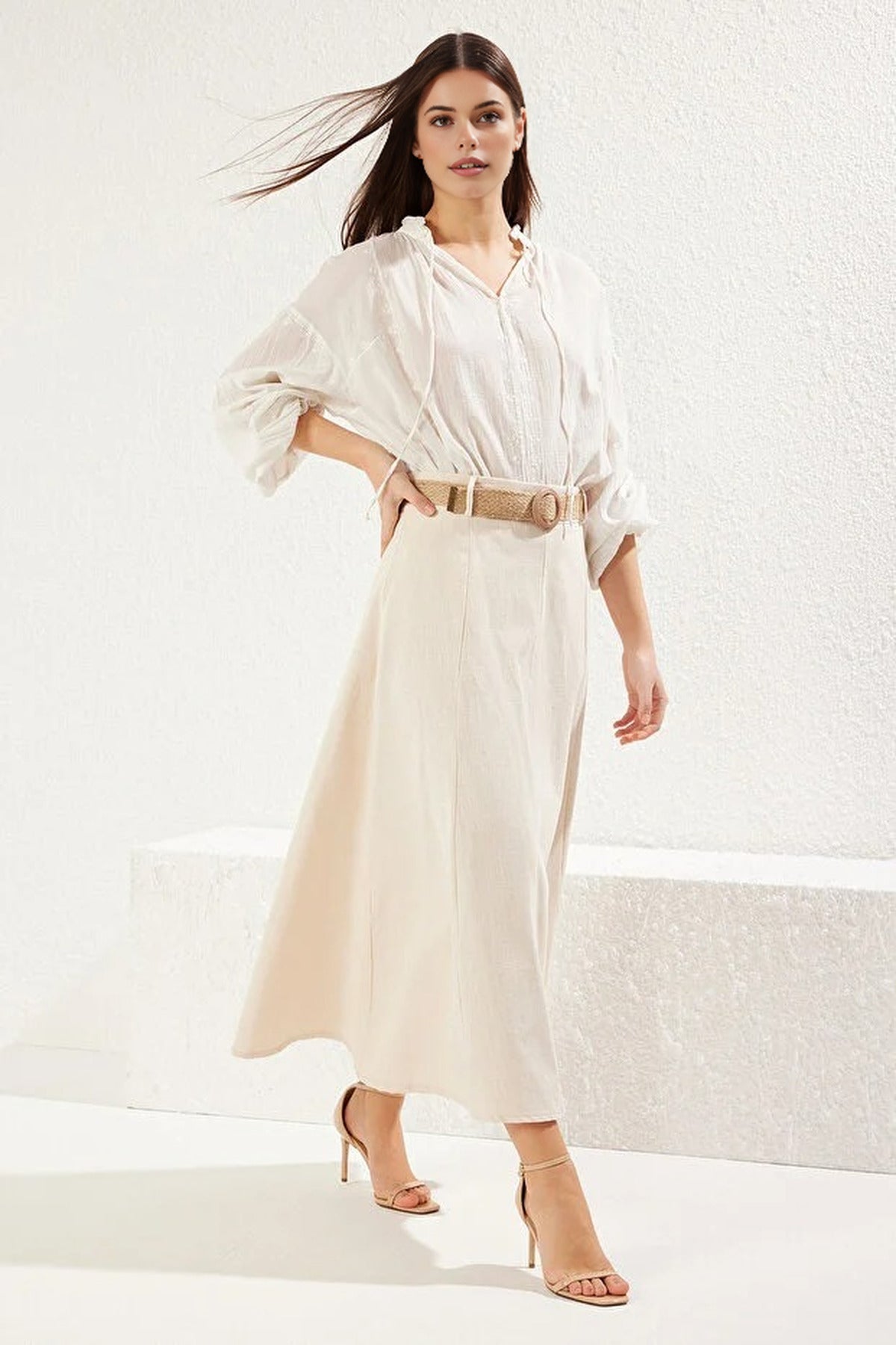 Linen Maxi Length A-line Woven Skirt with Belt Detail