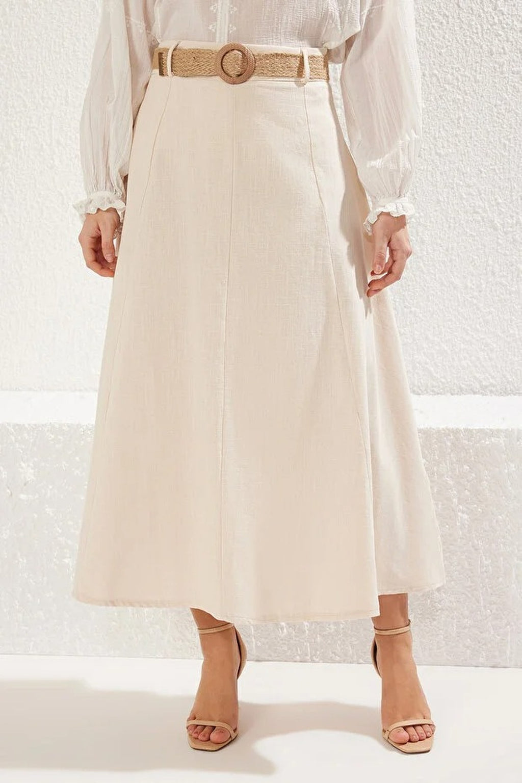 Linen Maxi Length A-line Woven Skirt with Belt Detail