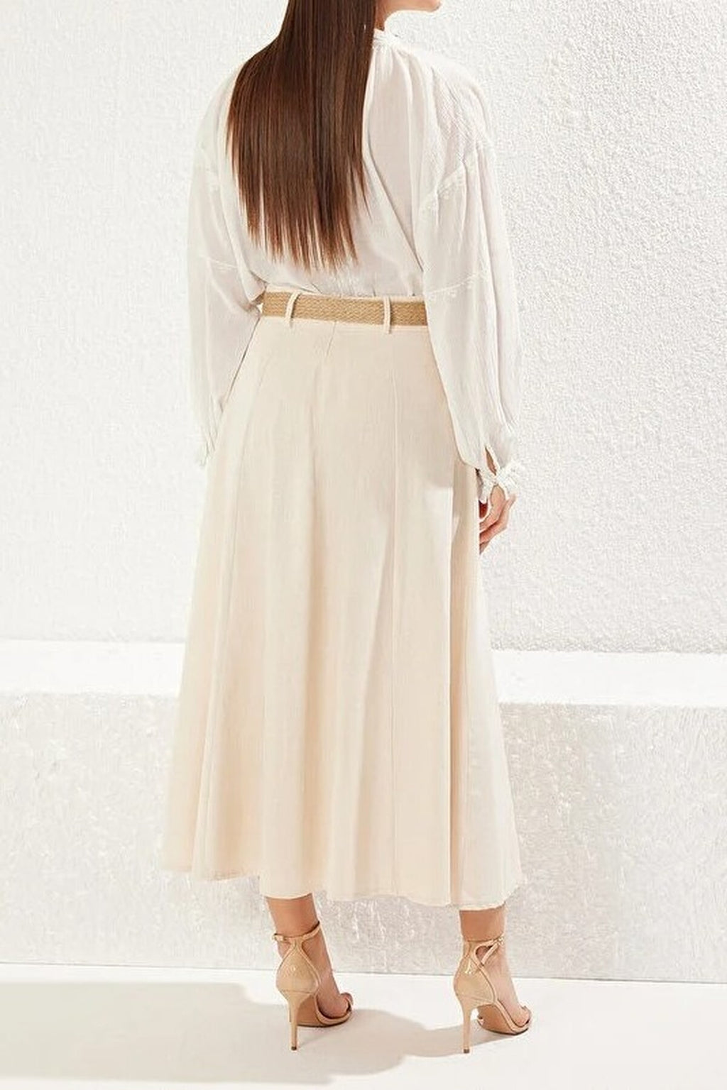 Linen Maxi Length A-line Woven Skirt with Belt Detail