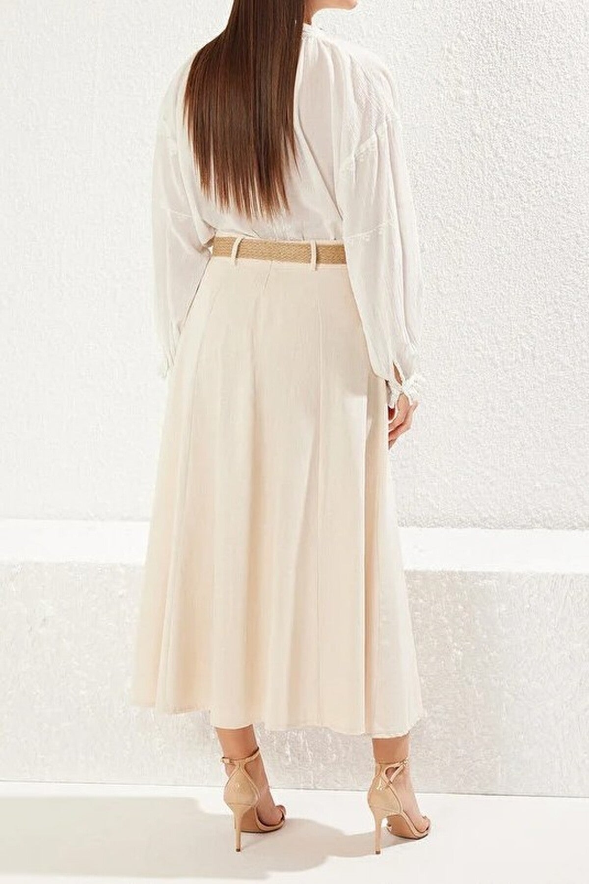 Linen Maxi Length A-line Woven Skirt with Belt Detail