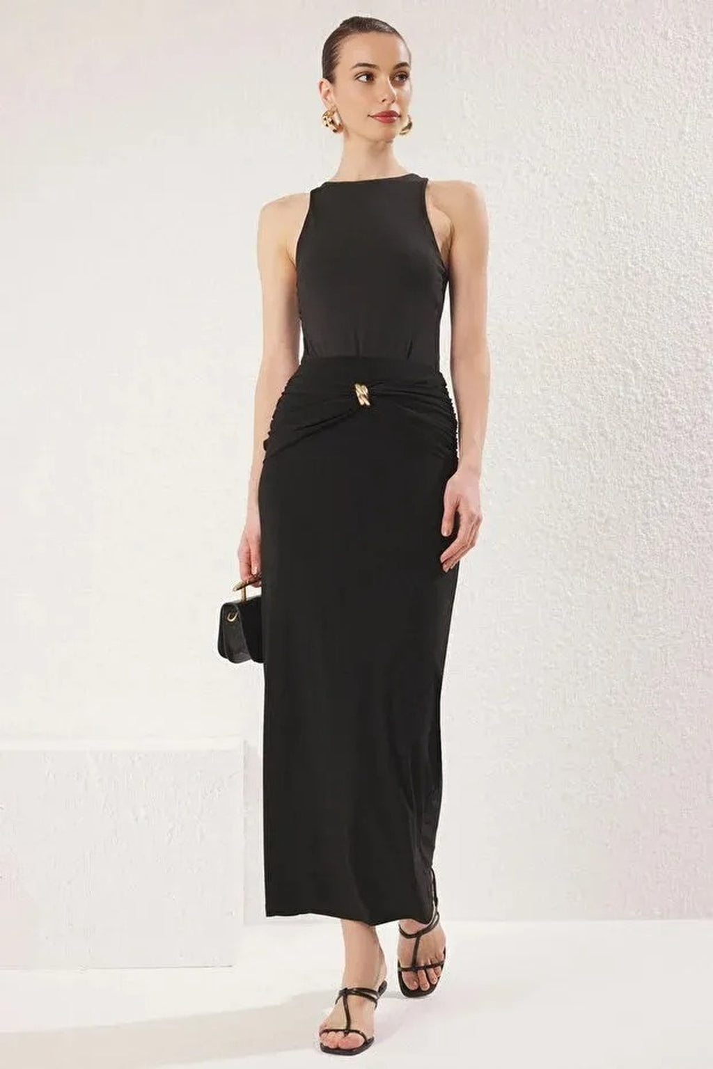 Knitted Maxi Fishtail Skirt with Gold Accessory Details
