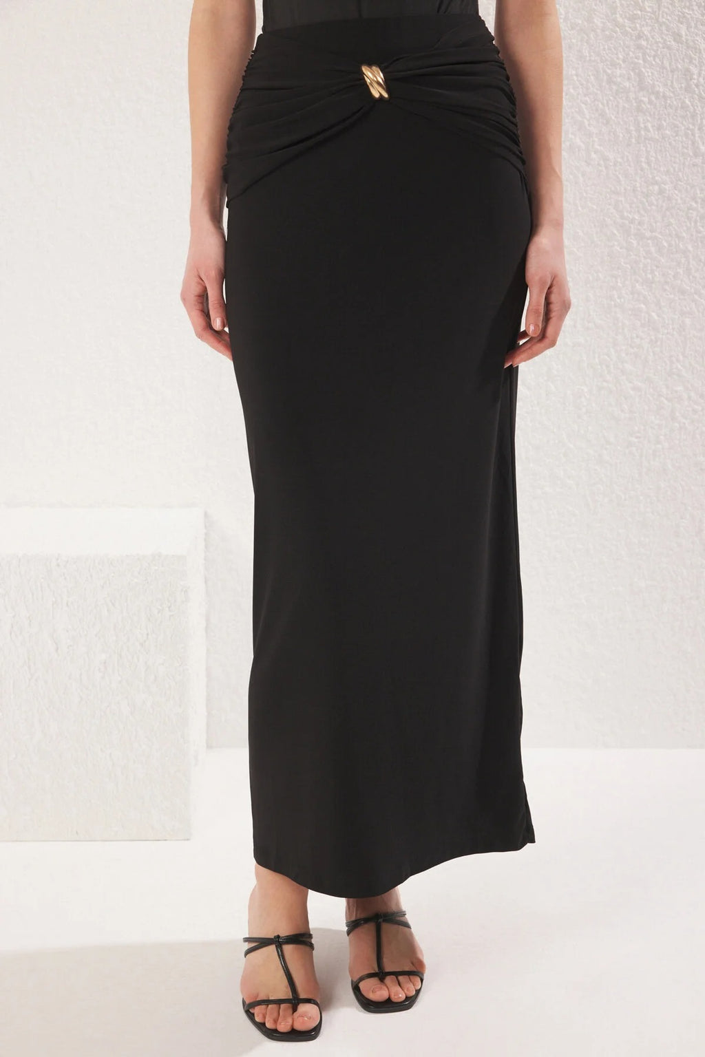Knitted Maxi Fishtail Skirt with Gold Accessory Details