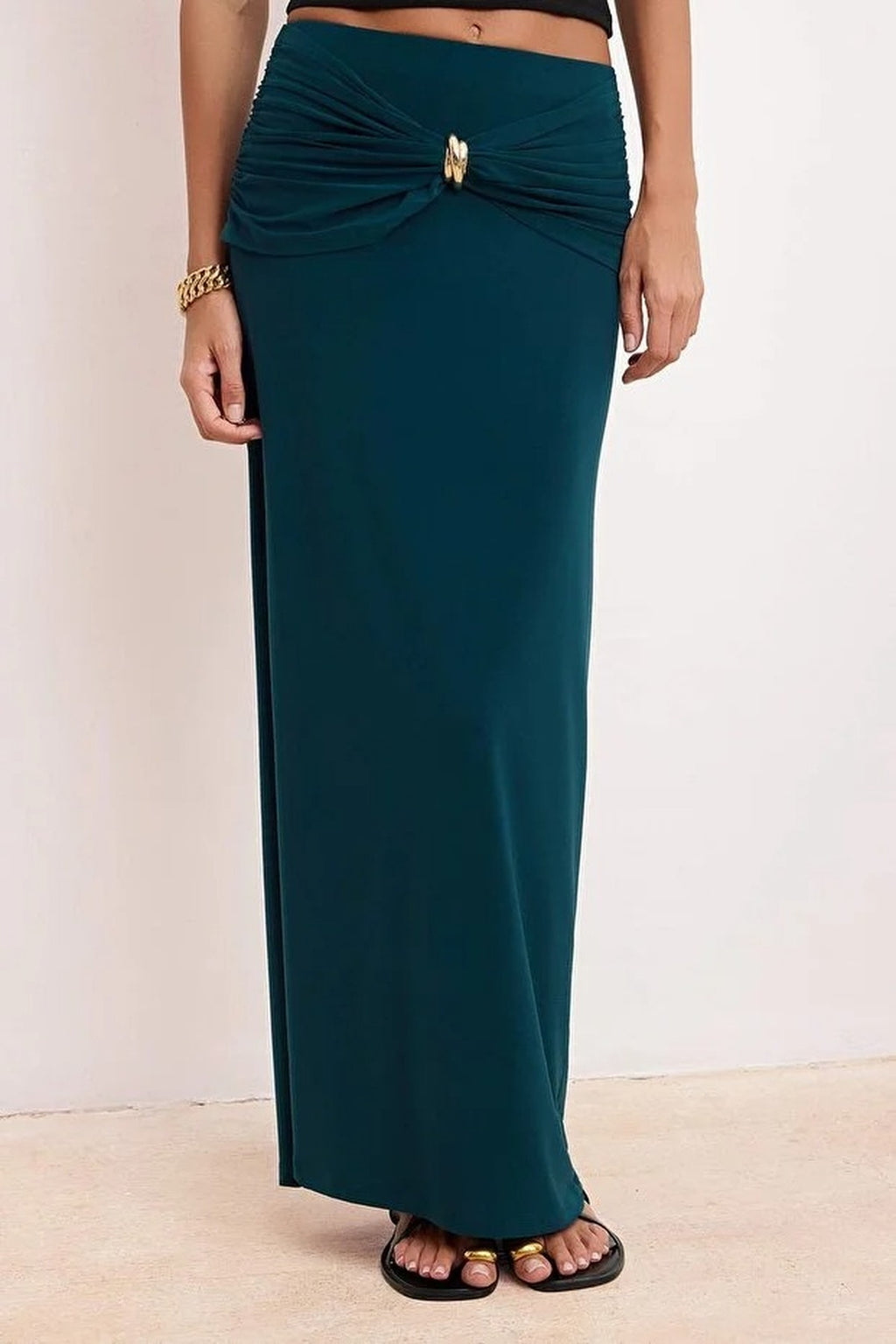 Knitted Maxi Fishtail Skirt with Gold Accessory Details