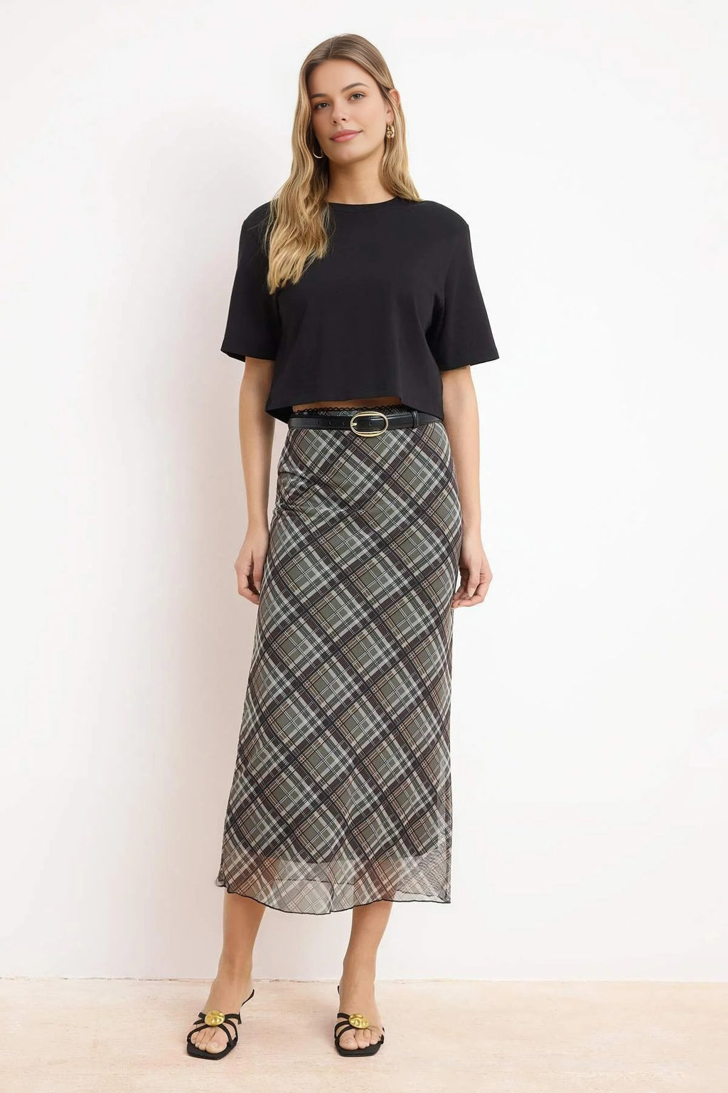 Check Print Tulle Lace Detail Elastic Waist Maxi Skirt
