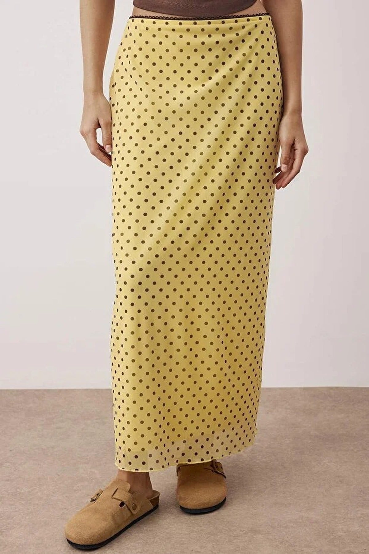Check Print Tulle Lace Detail Elastic Waist Maxi Skirt