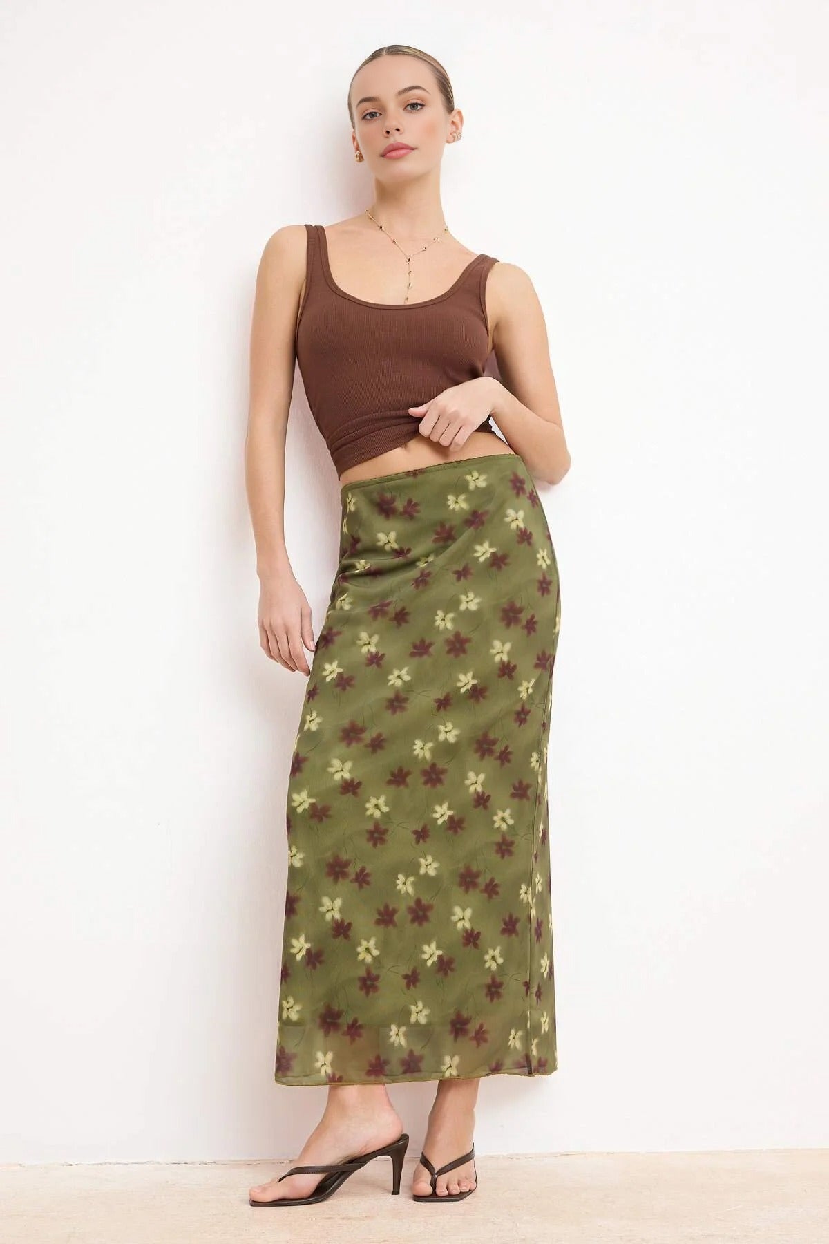 Check Print Tulle Lace Detail Elastic Waist Maxi Skirt