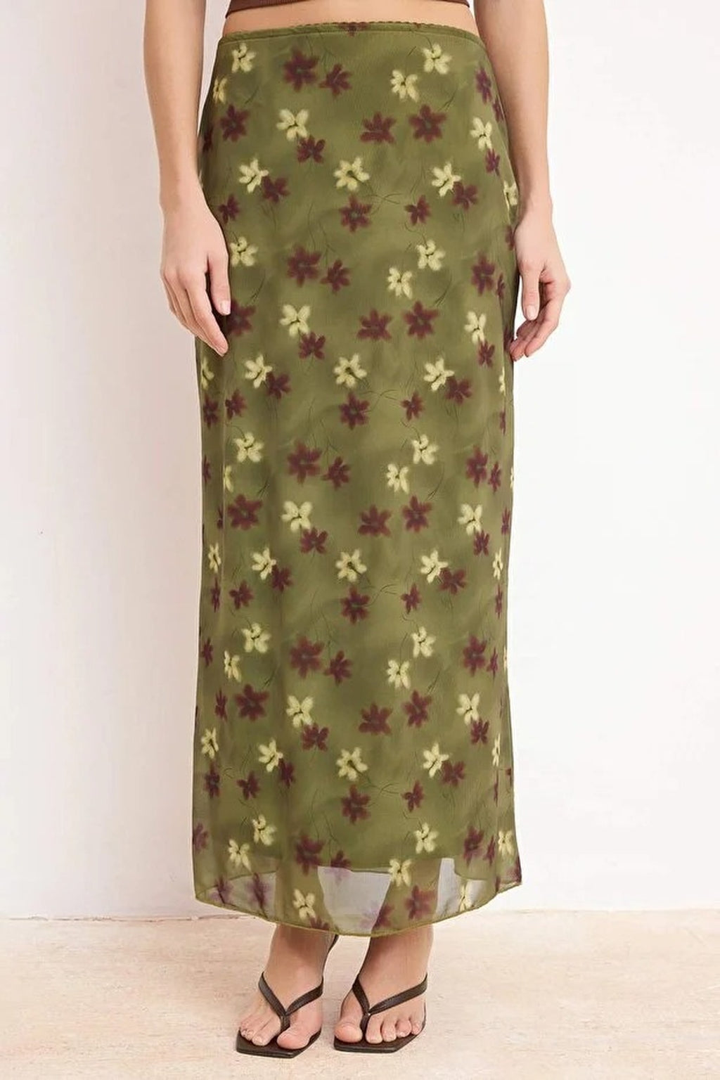 Check Print Tulle Lace Detail Elastic Waist Maxi Skirt