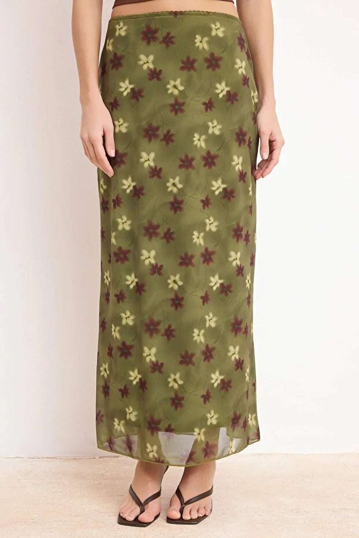 Check Print Tulle Lace Detail Elastic Waist Maxi Skirt