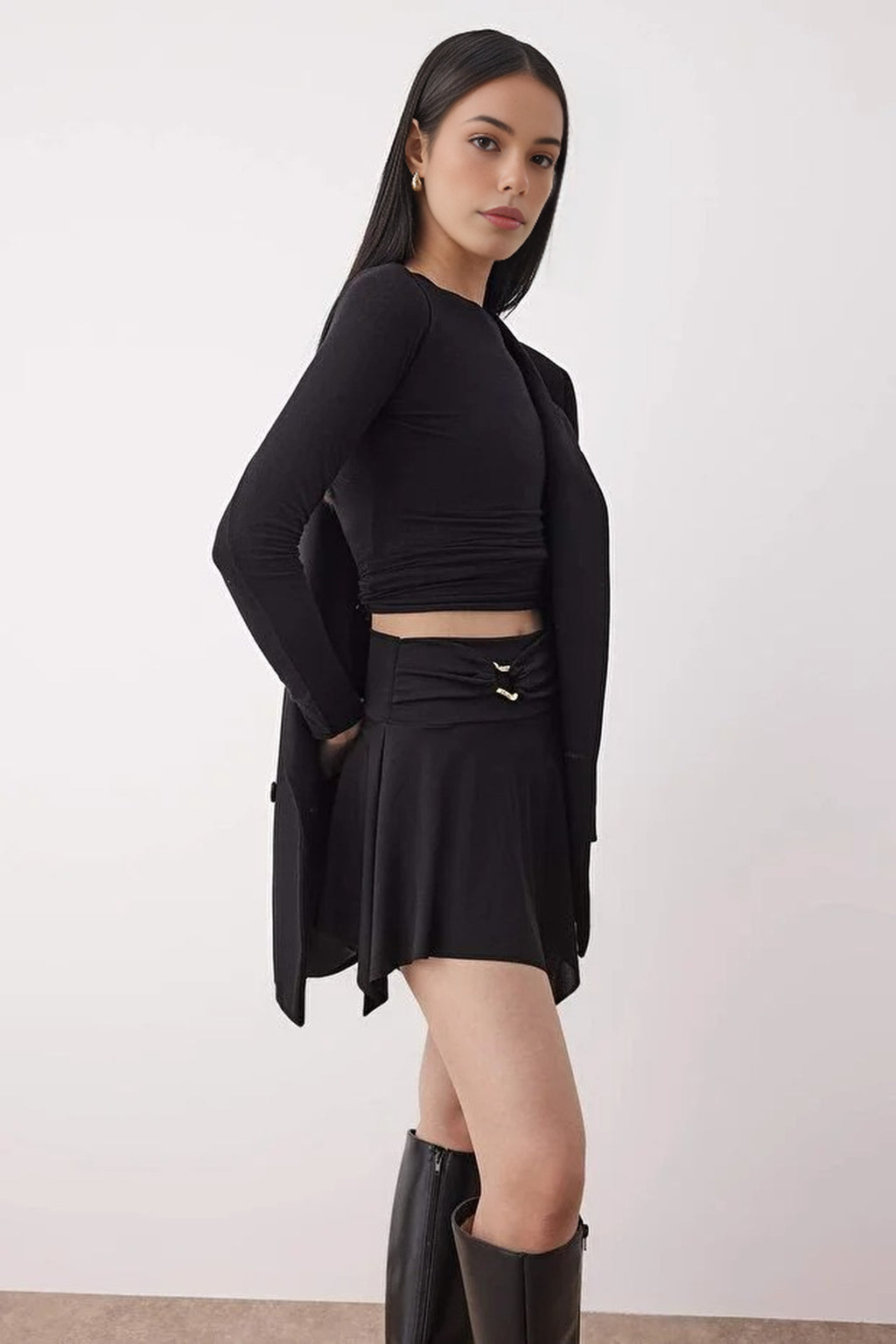 Asymmetric Mini Knitted Skirt with Accessory Details