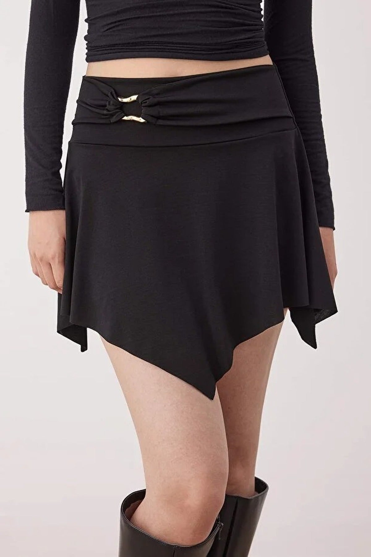 Asymmetric Mini Knitted Skirt with Accessory Details