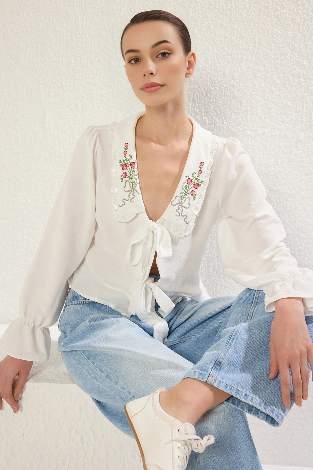 Embroidered Collar Ruffle Detail Tie Front Regular Fit Shirt