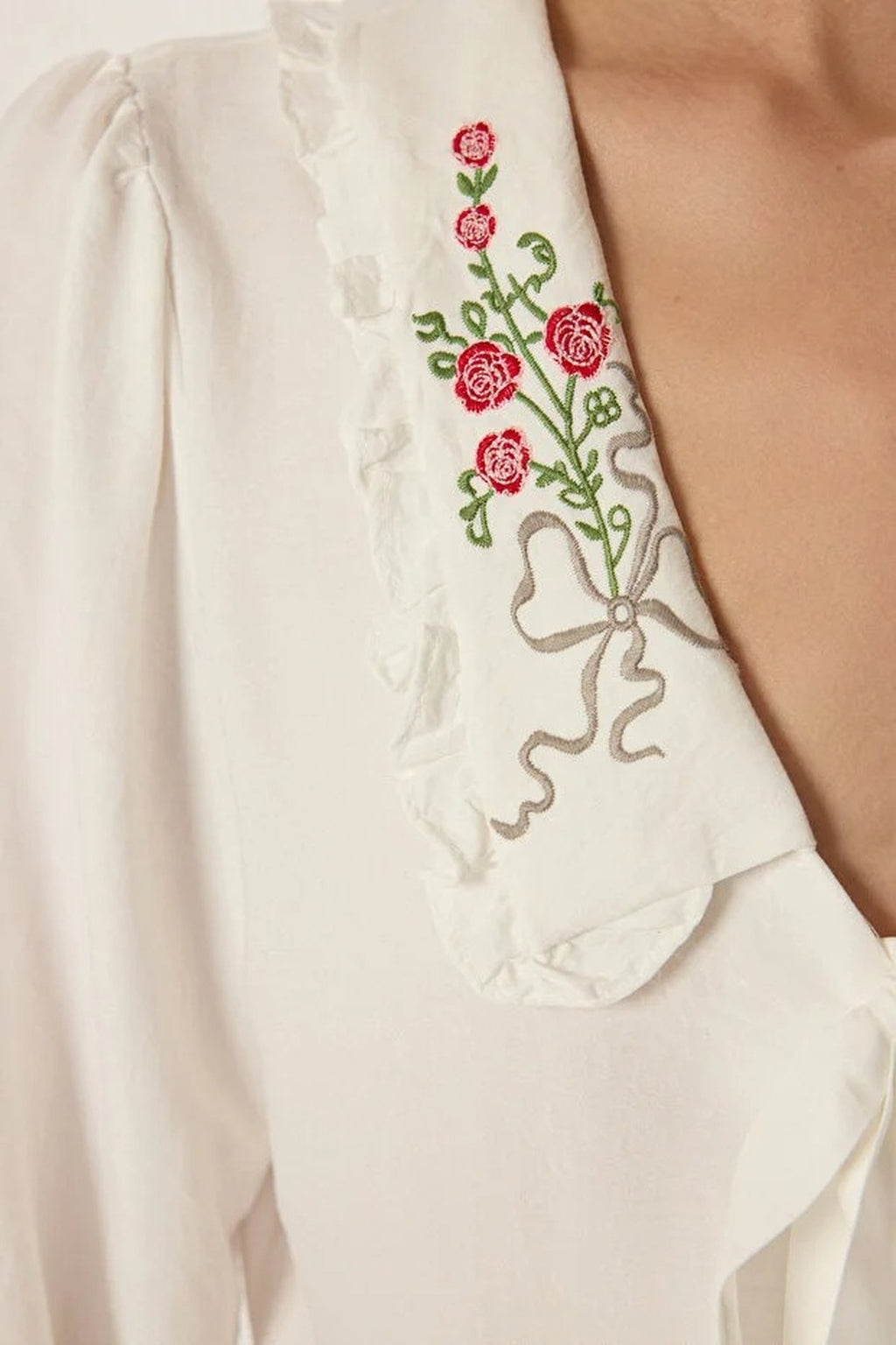Embroidered Collar Ruffle Detail Tie Front Regular Fit Shirt