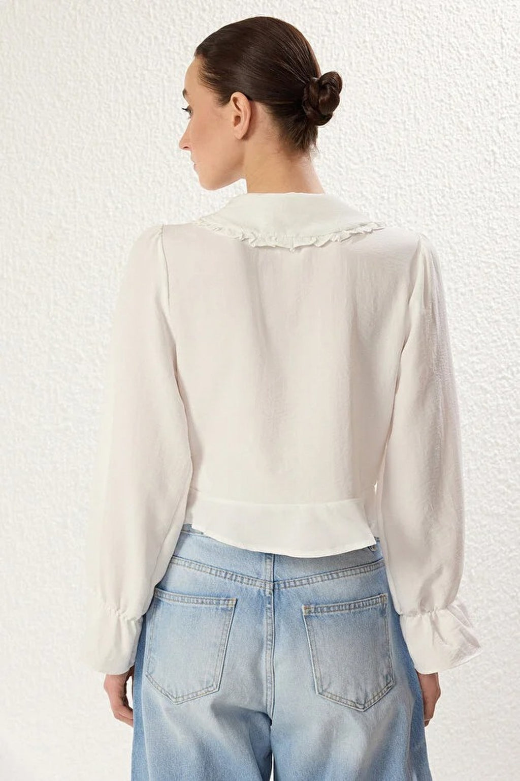 Embroidered Collar Ruffle Detail Tie Front Regular Fit Shirt