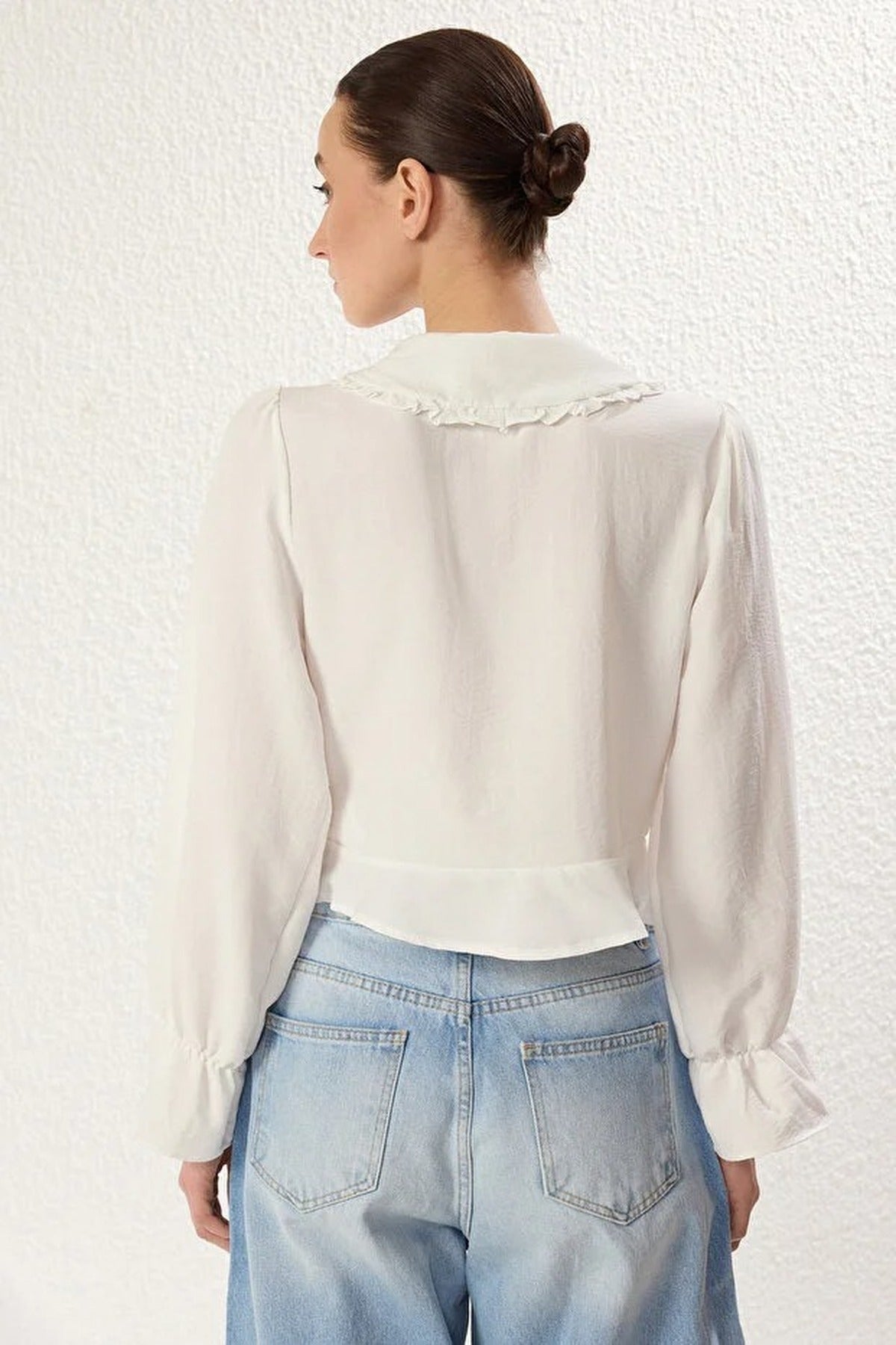 Embroidered Collar Ruffle Detail Tie Front Regular Fit Shirt