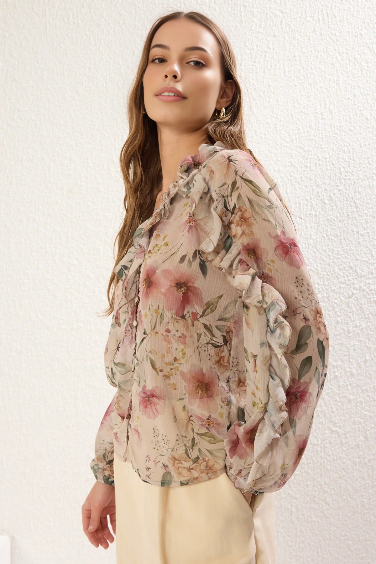 Chiffon Transparent Floral Ruffled Woven Shirt