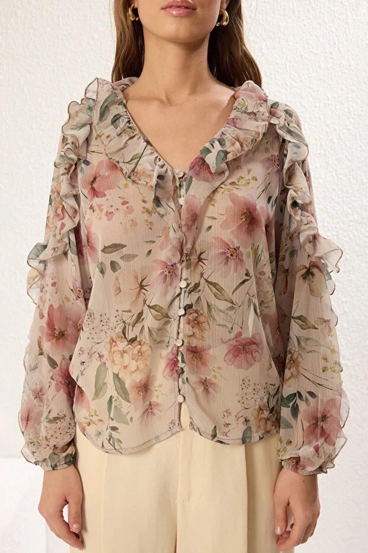 Chiffon Transparent Floral Ruffled Woven Shirt