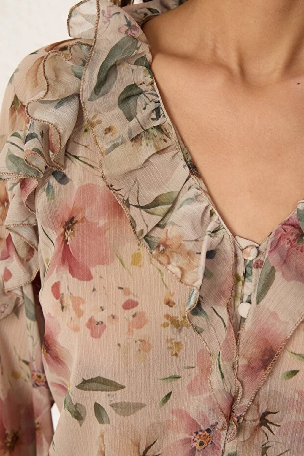 Chiffon Transparent Floral Ruffled Woven Shirt