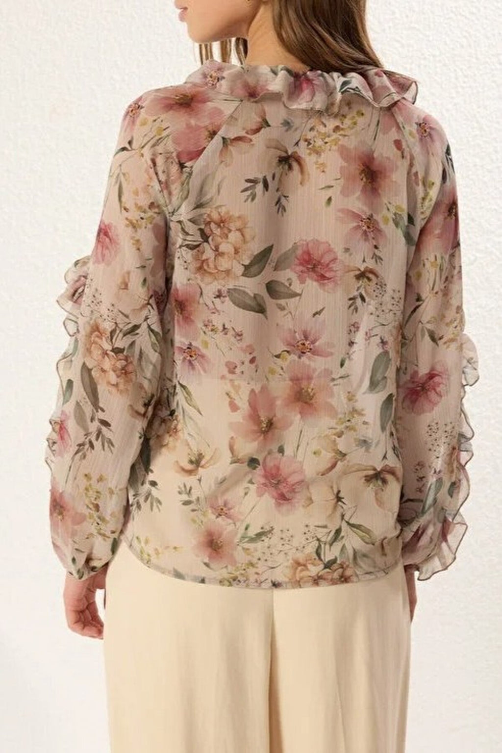 Chiffon Transparent Floral Ruffled Woven Shirt