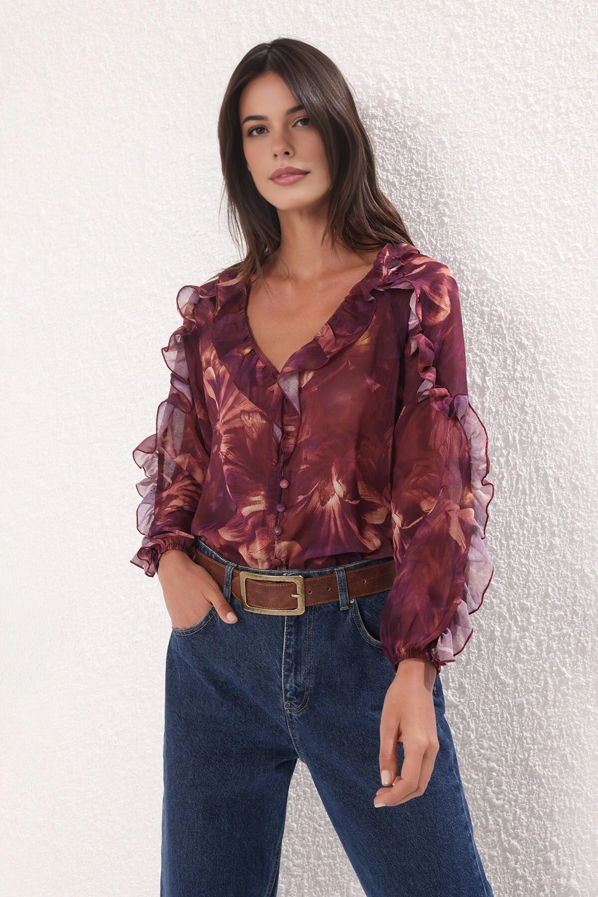 Chiffon Transparent Floral Ruffled Woven Shirt