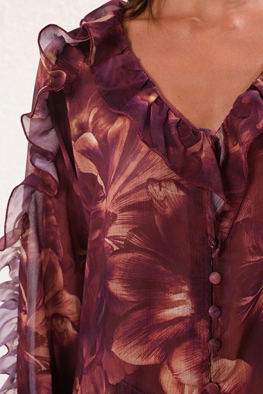 Chiffon Transparent Floral Ruffled Woven Shirt