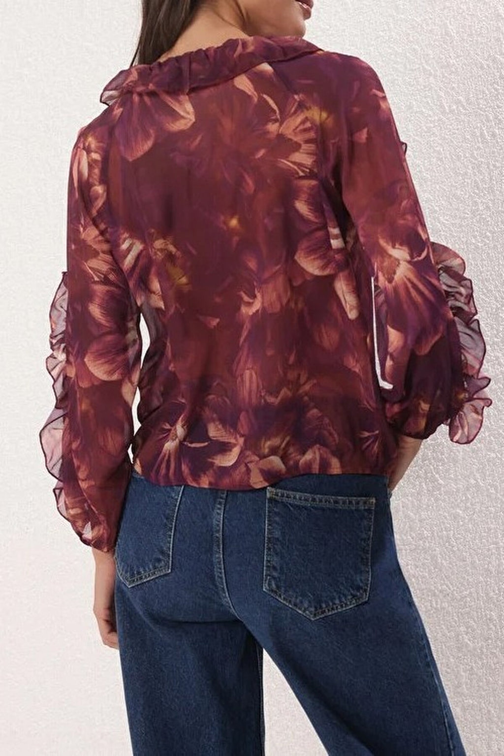 Chiffon Transparent Floral Ruffled Woven Shirt
