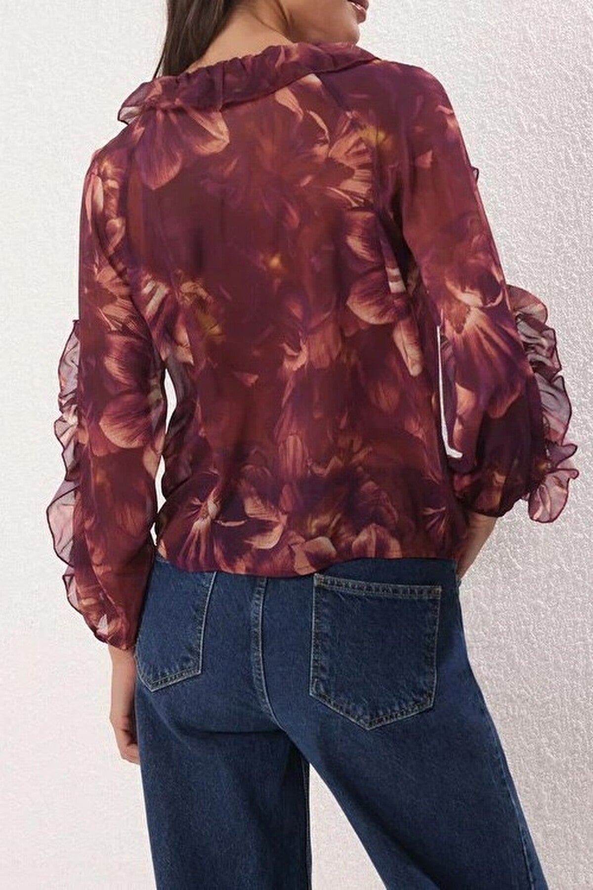 Chiffon Transparent Floral Ruffled Woven Shirt
