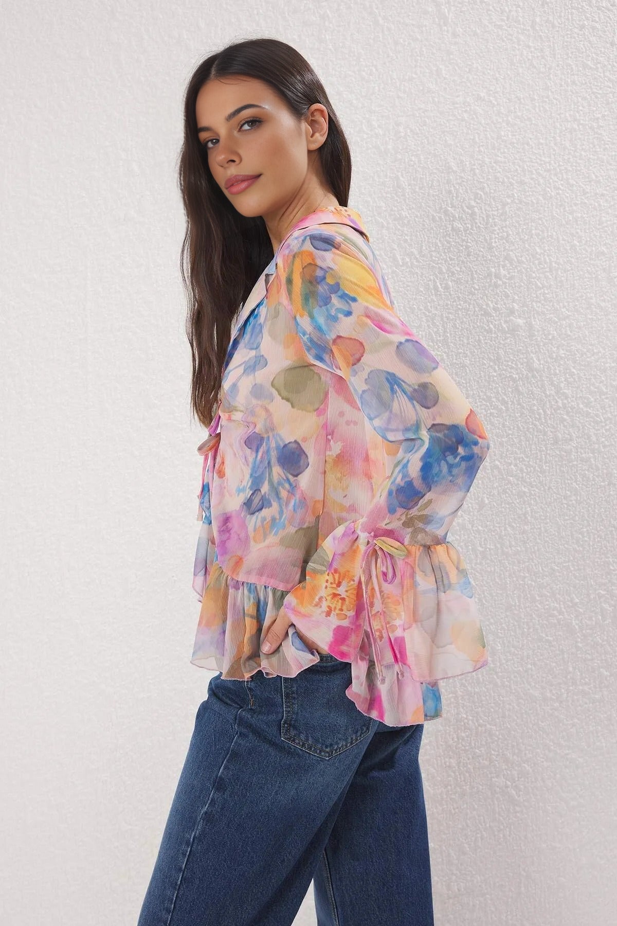 Tie-up Woven Shirt with Ruffle Detail on Front and Sleeves