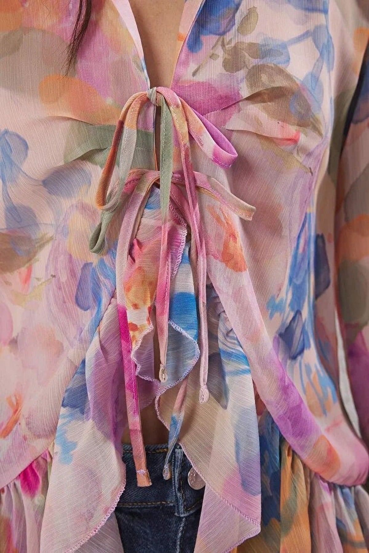 Tie-up Woven Shirt with Ruffle Detail on Front and Sleeves