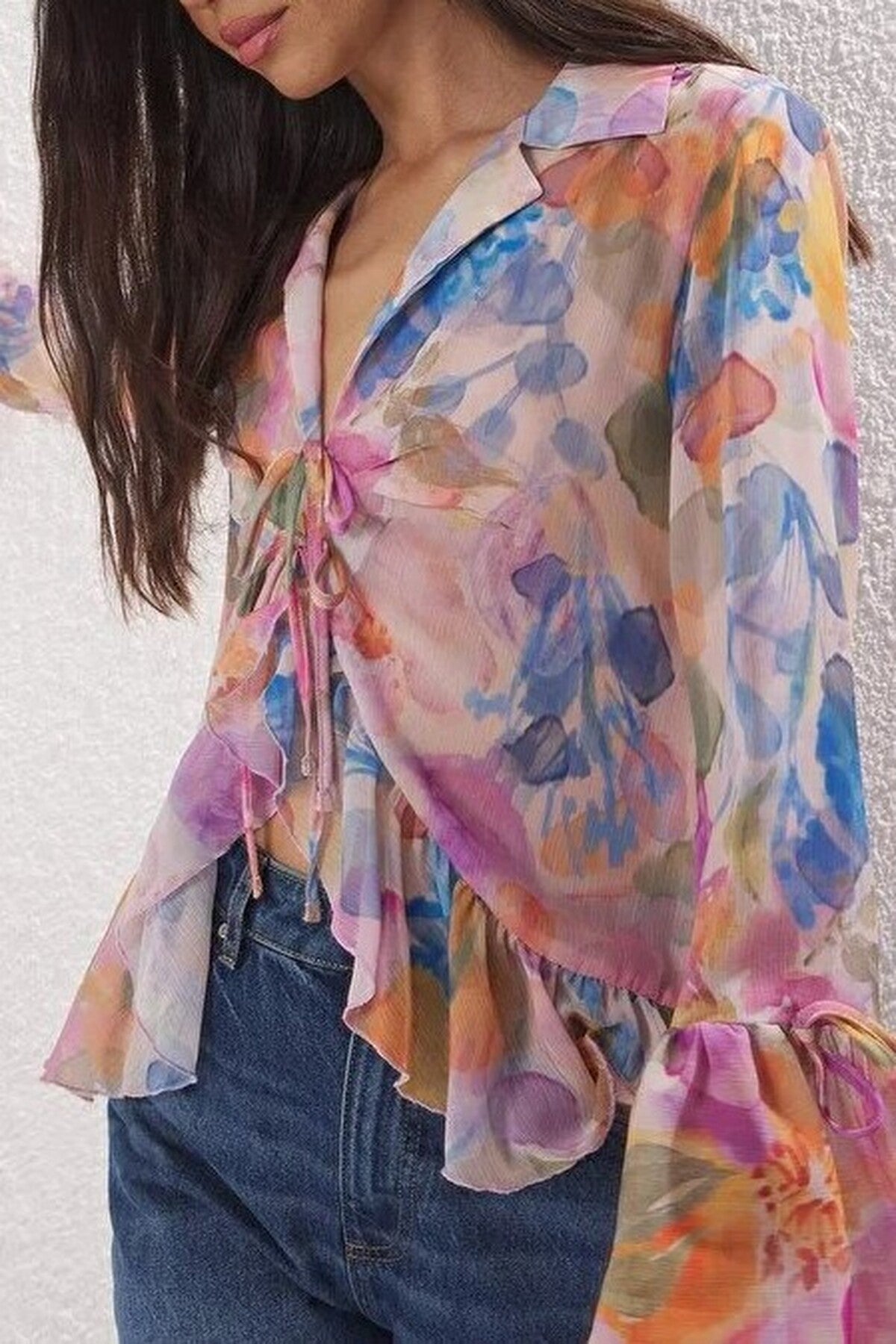 Tie-up Woven Shirt with Ruffle Detail on Front and Sleeves