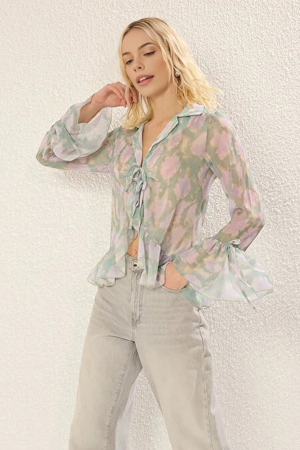 Tie-up Woven Shirt with Ruffle Detail on Front and Sleeves