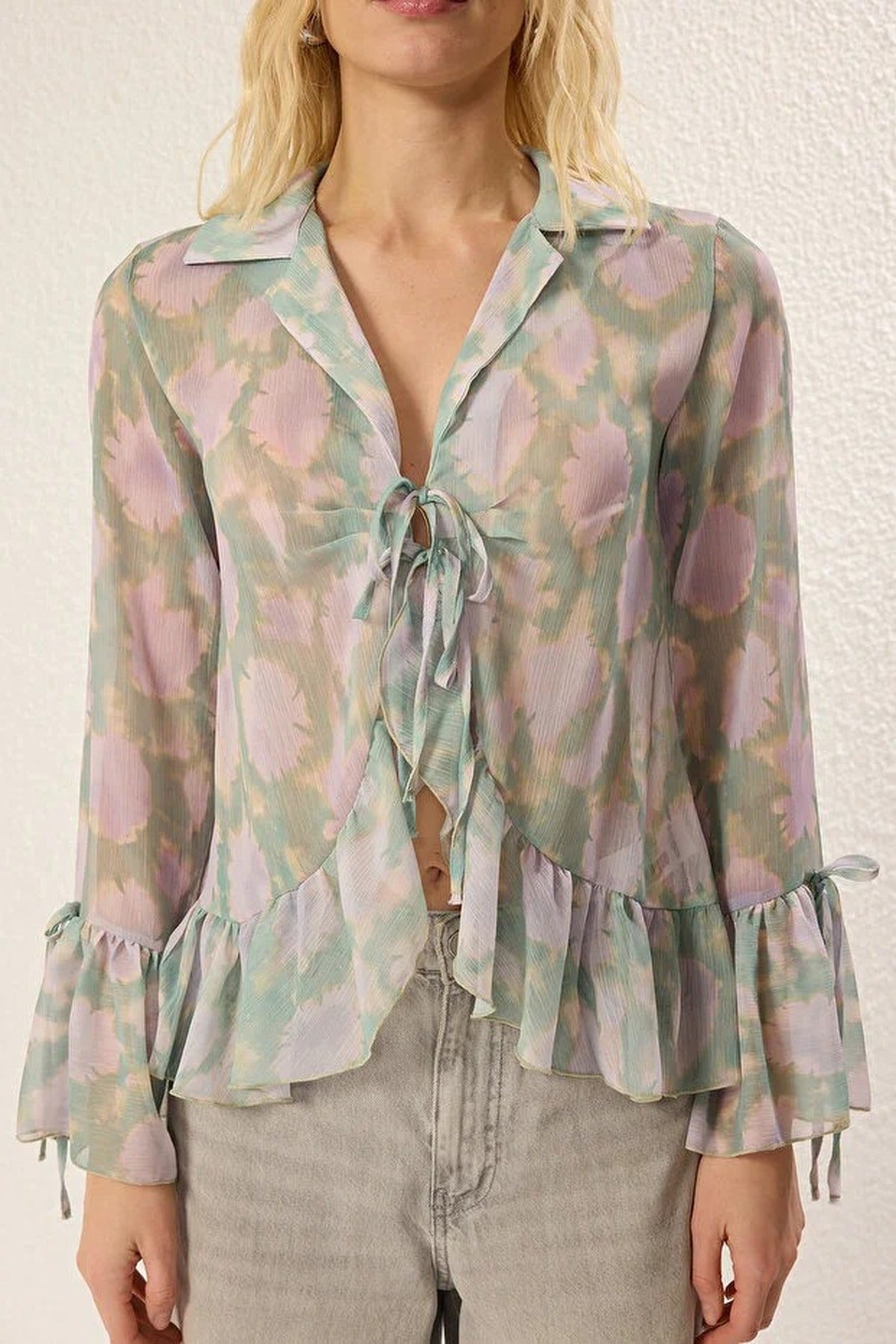 Tie-up Woven Shirt with Ruffle Detail on Front and Sleeves