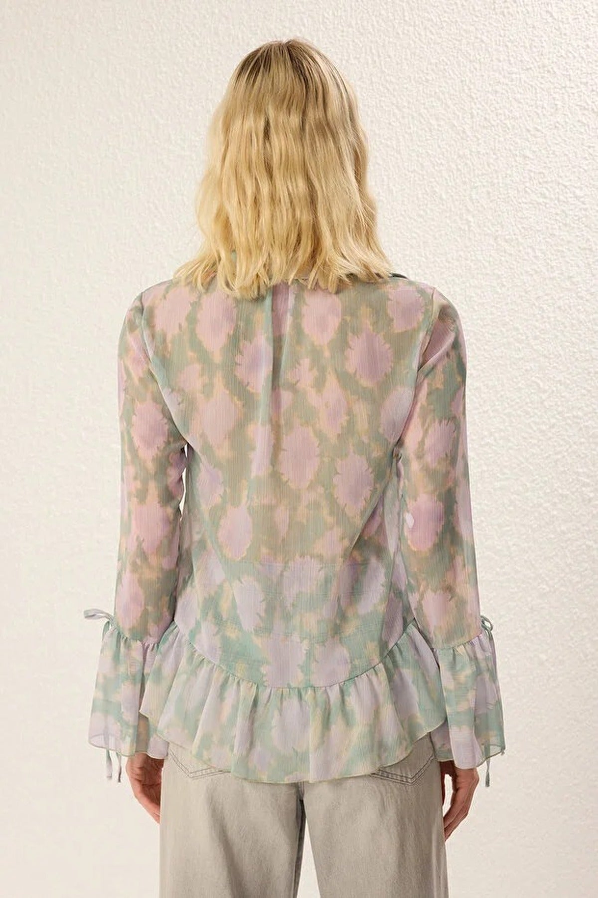 Tie-up Woven Shirt with Ruffle Detail on Front and Sleeves
