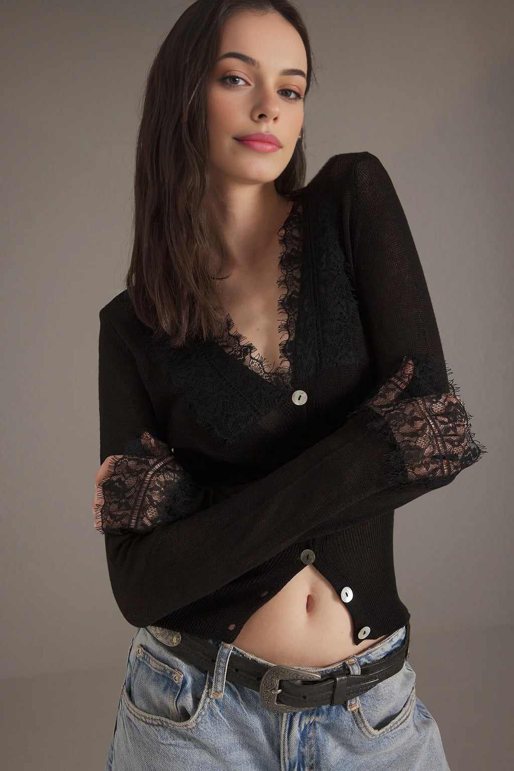 Lace Trim V-Neck Long Sleeve Knitted Cardigan