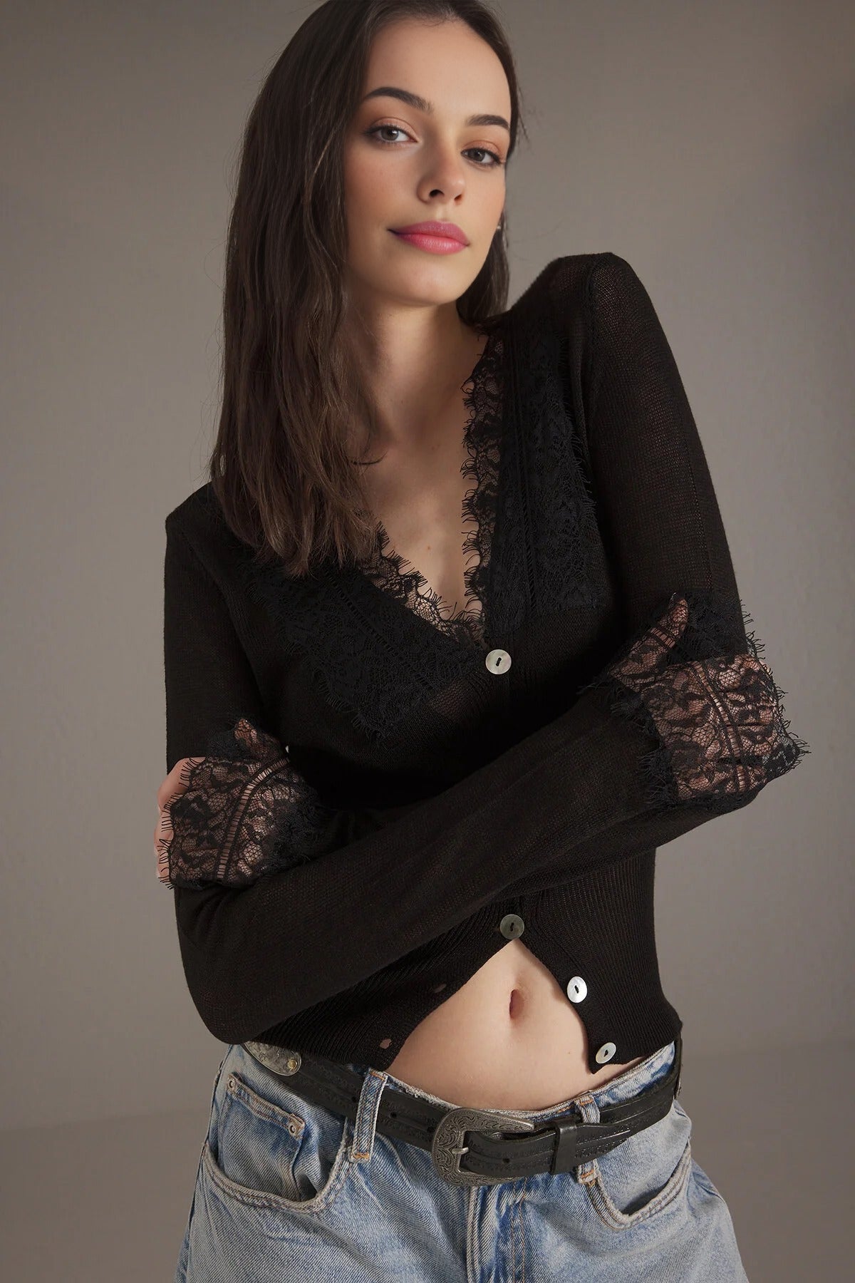 Lace Trim V-Neck Long Sleeve Knitted Cardigan