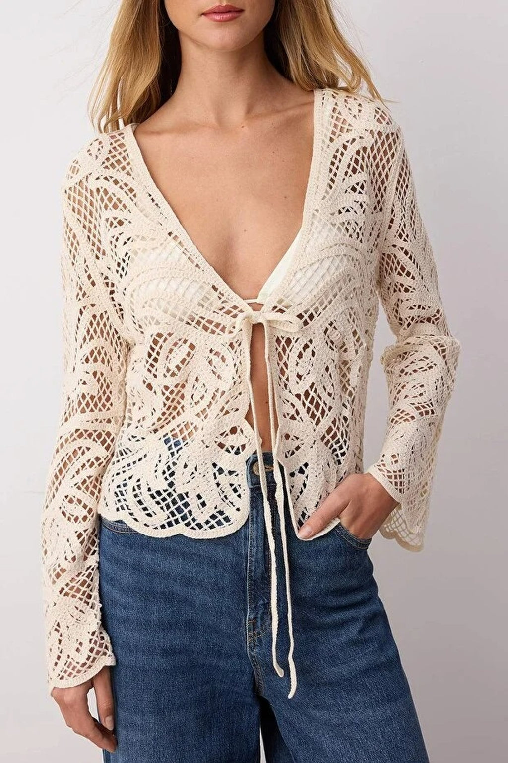 V Neck Long Sleeve Crochet Detail Knitted Cardigan