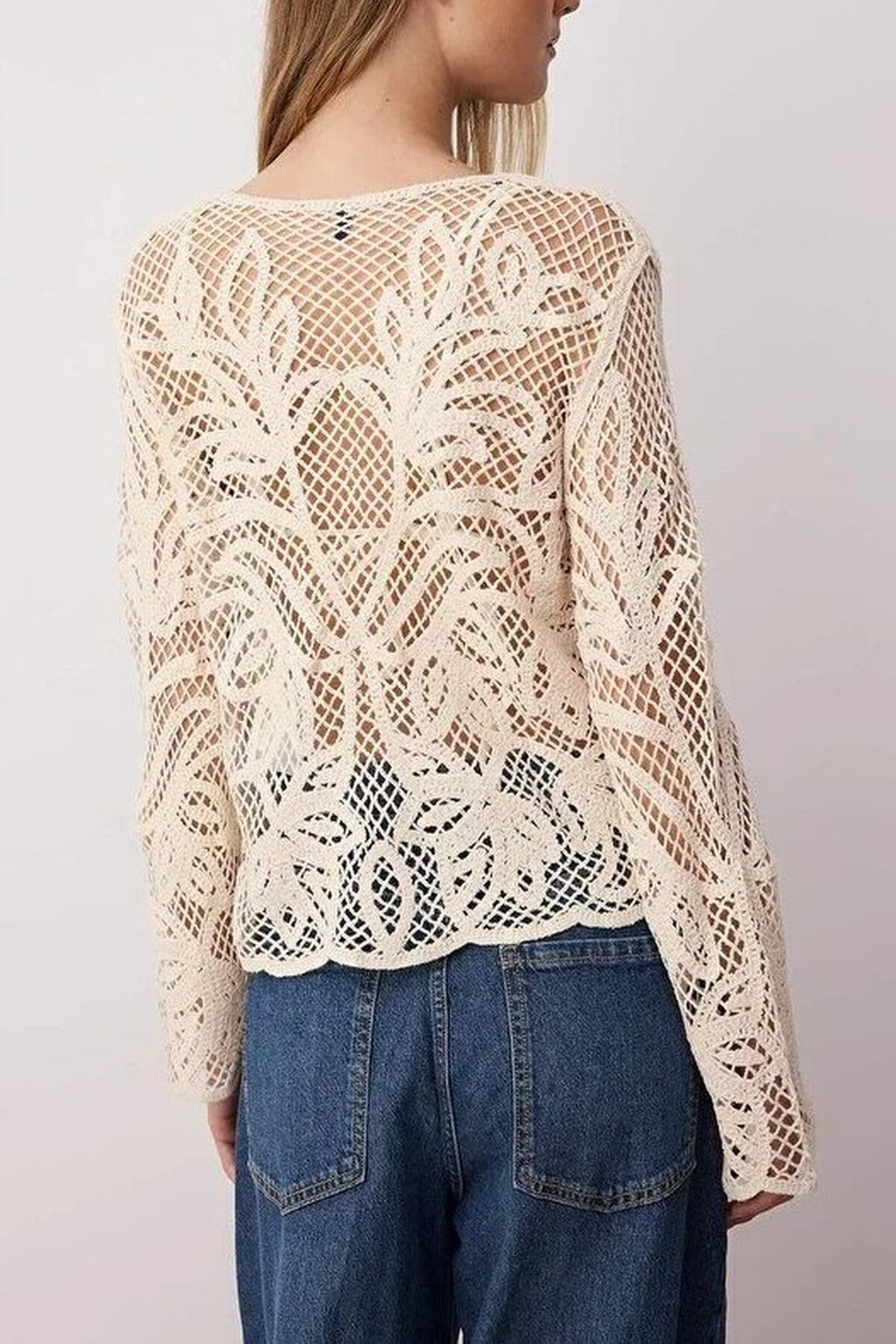 V Neck Long Sleeve Crochet Detail Knitted Cardigan