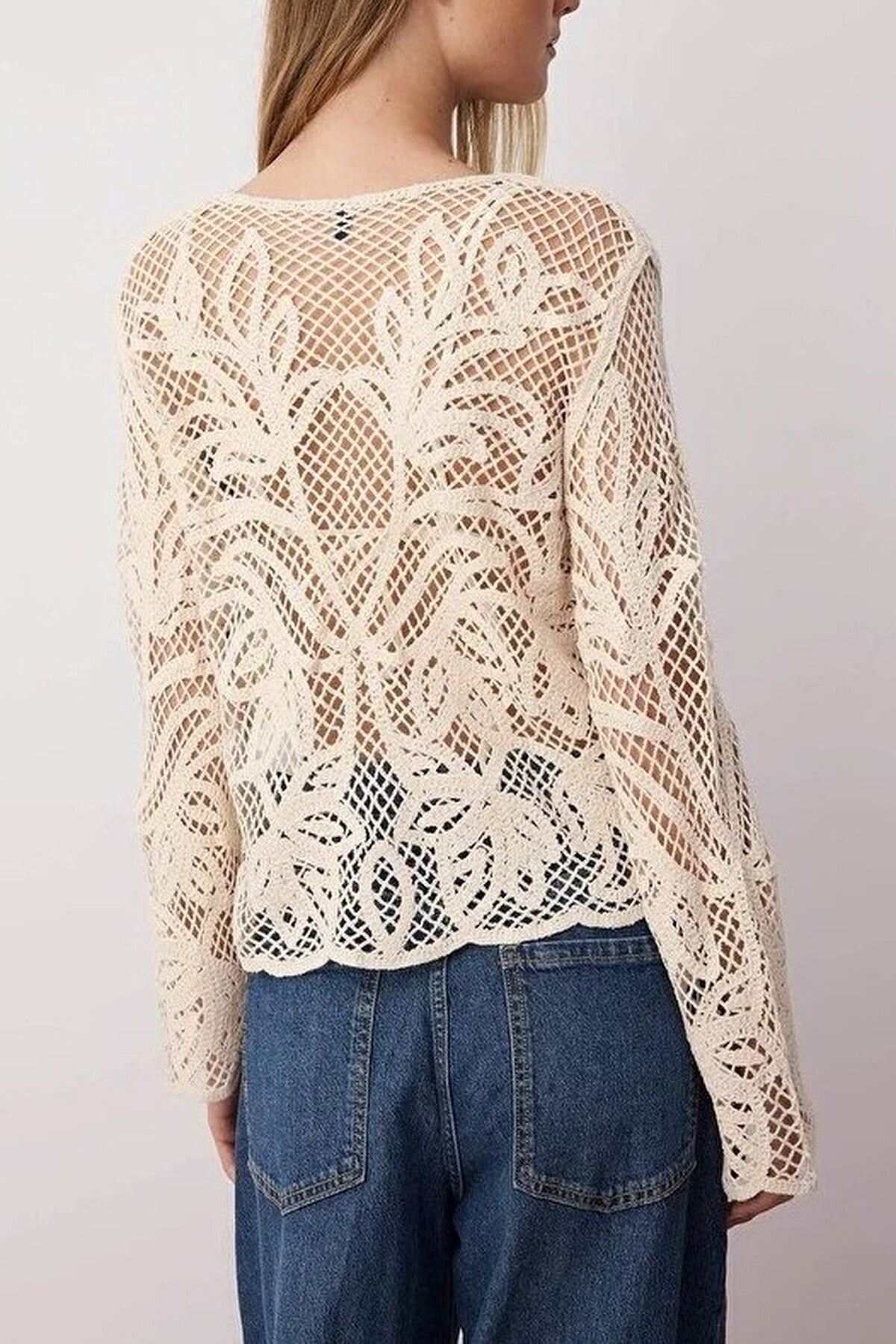 V Neck Long Sleeve Crochet Detail Knitted Cardigan
