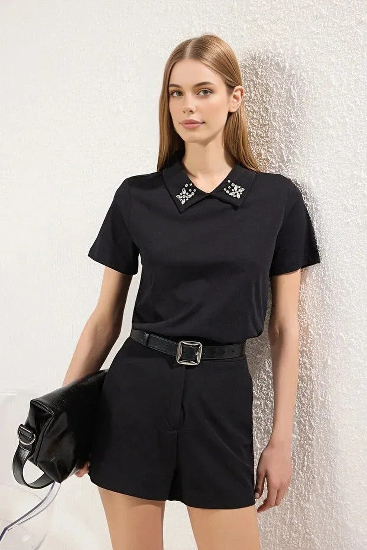 Thick Cotton Polo Collar Knitted T-Shirt with Stone Details