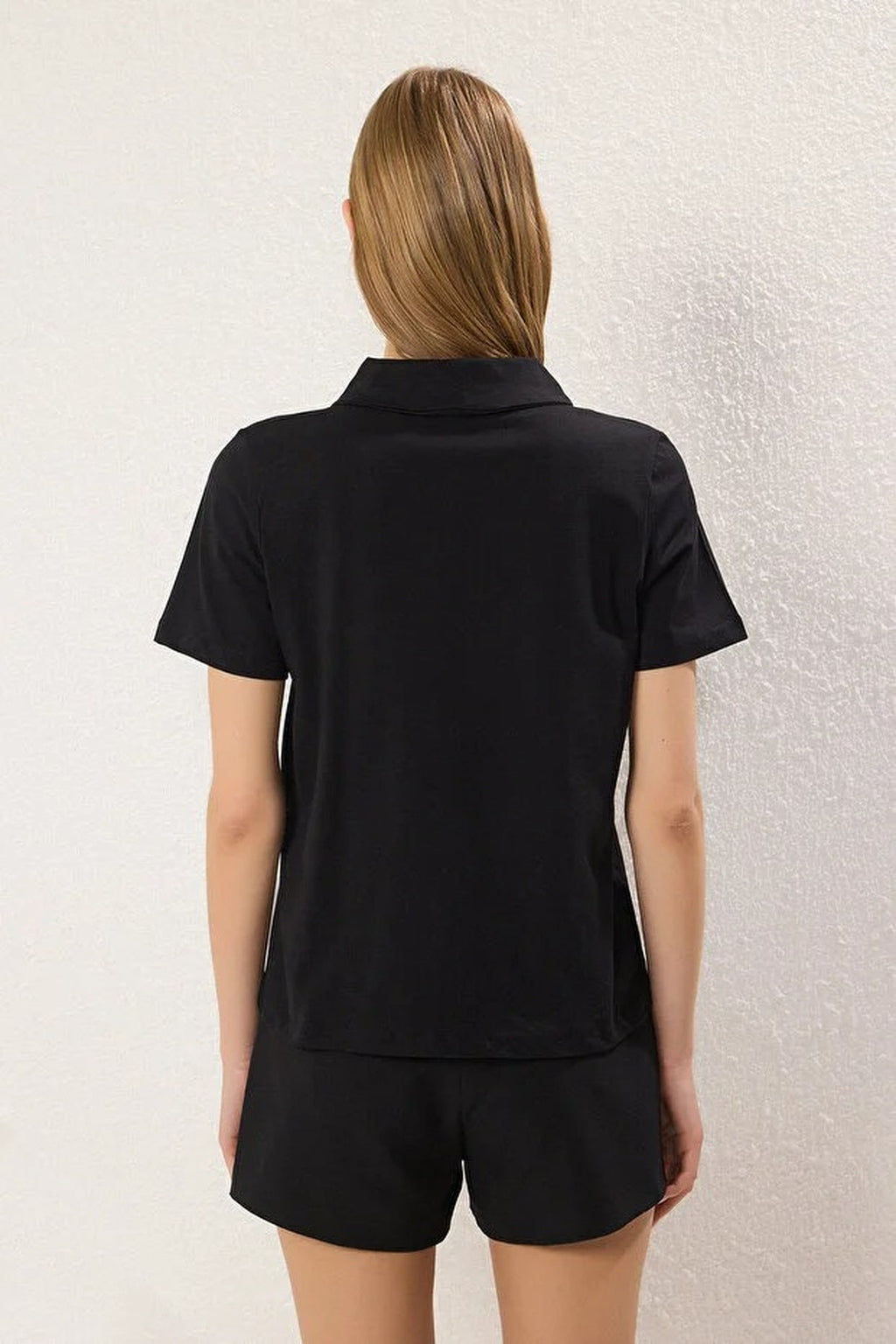 Thick Cotton Polo Collar Knitted T-Shirt with Stone Details
