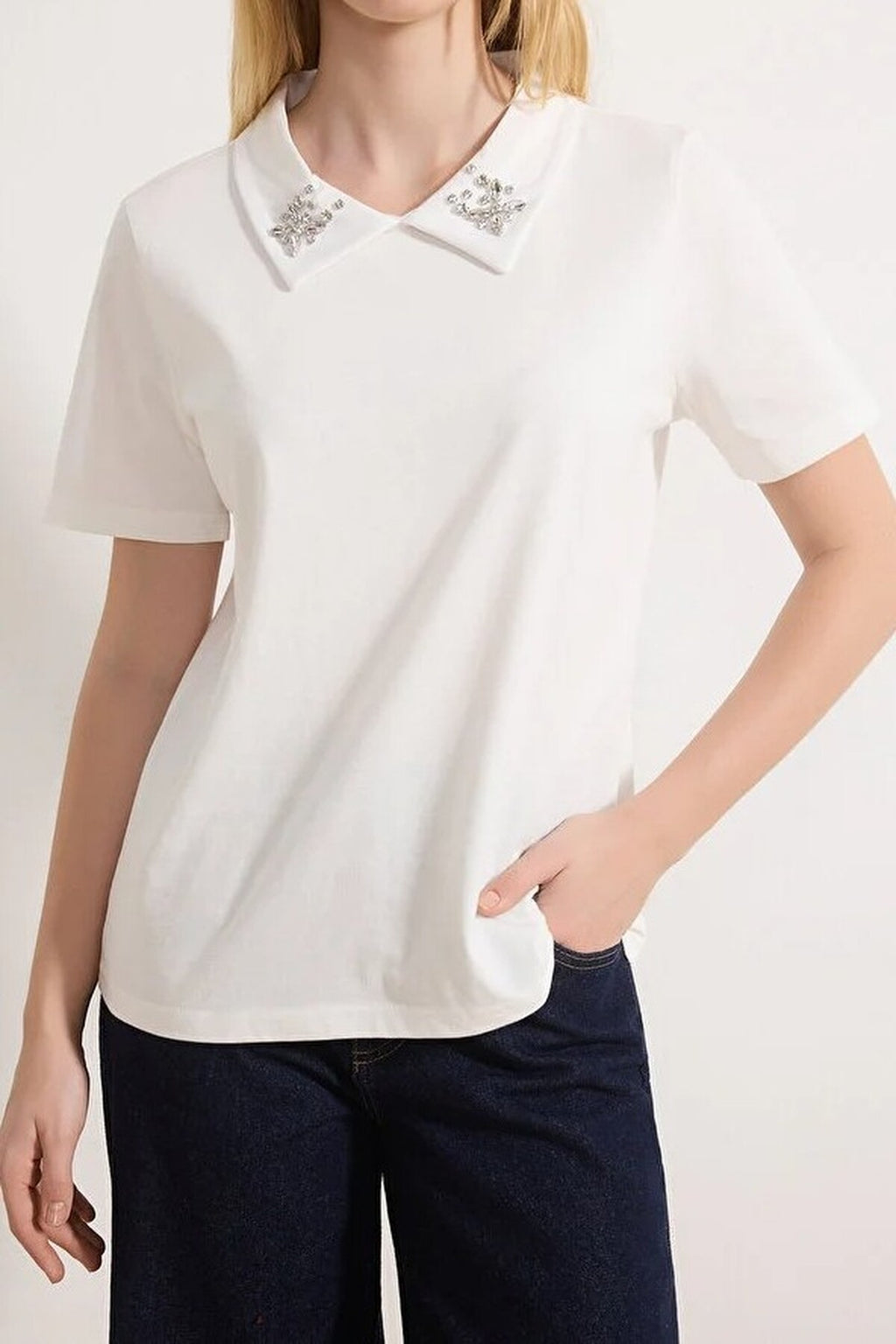 Thick Cotton Polo Collar Knitted T-Shirt with Stone Details