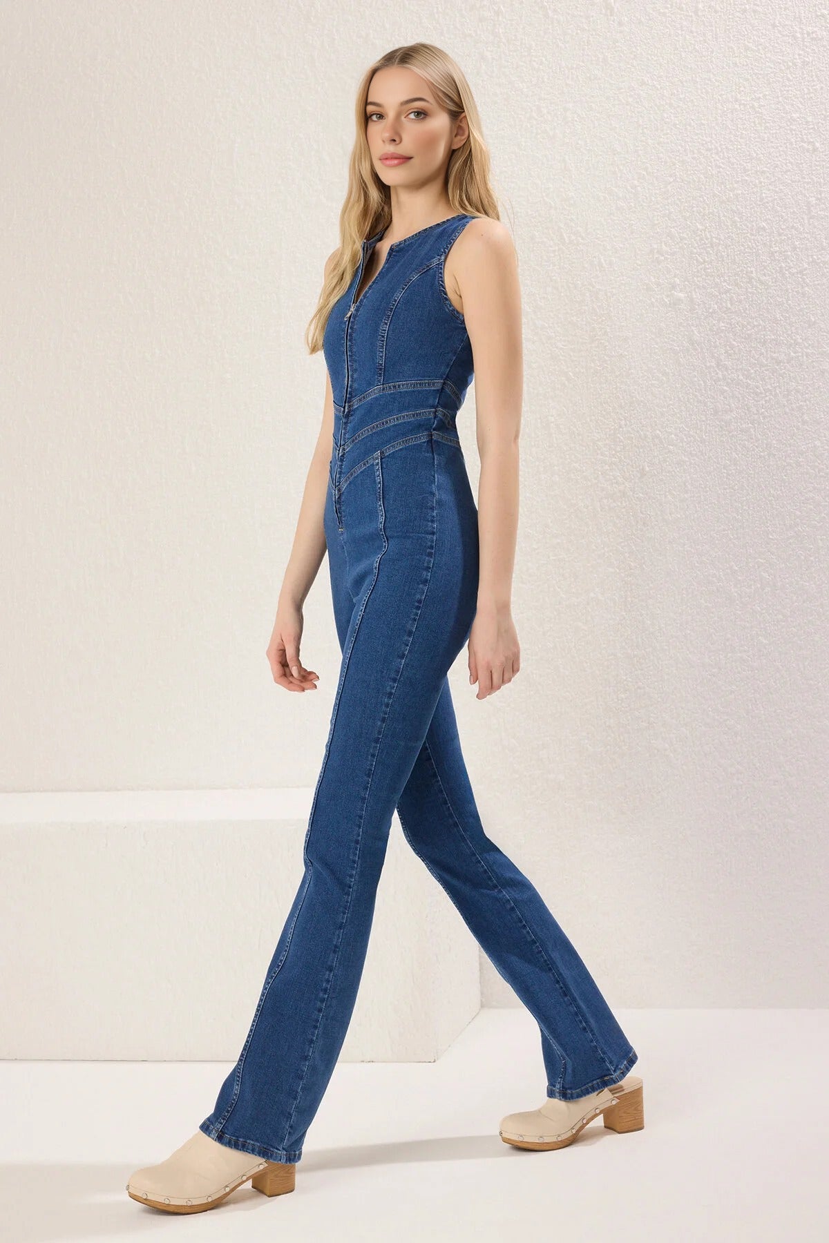 Round Neck Long Sleeve Fitted Denim Jumpsuit