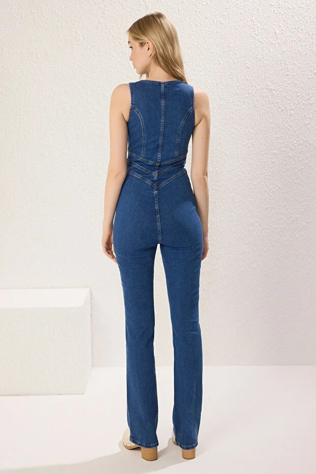 Round Neck Long Sleeve Fitted Denim Jumpsuit