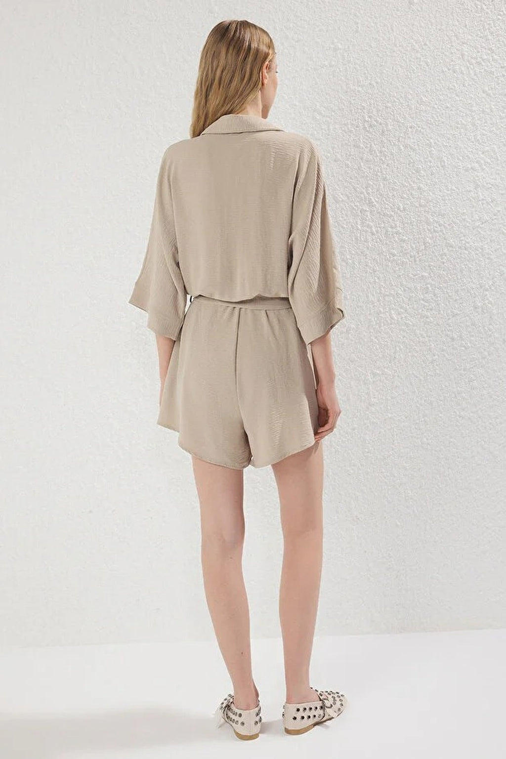 Collared Batwing Sleeve Belted Mini Jumpsuit