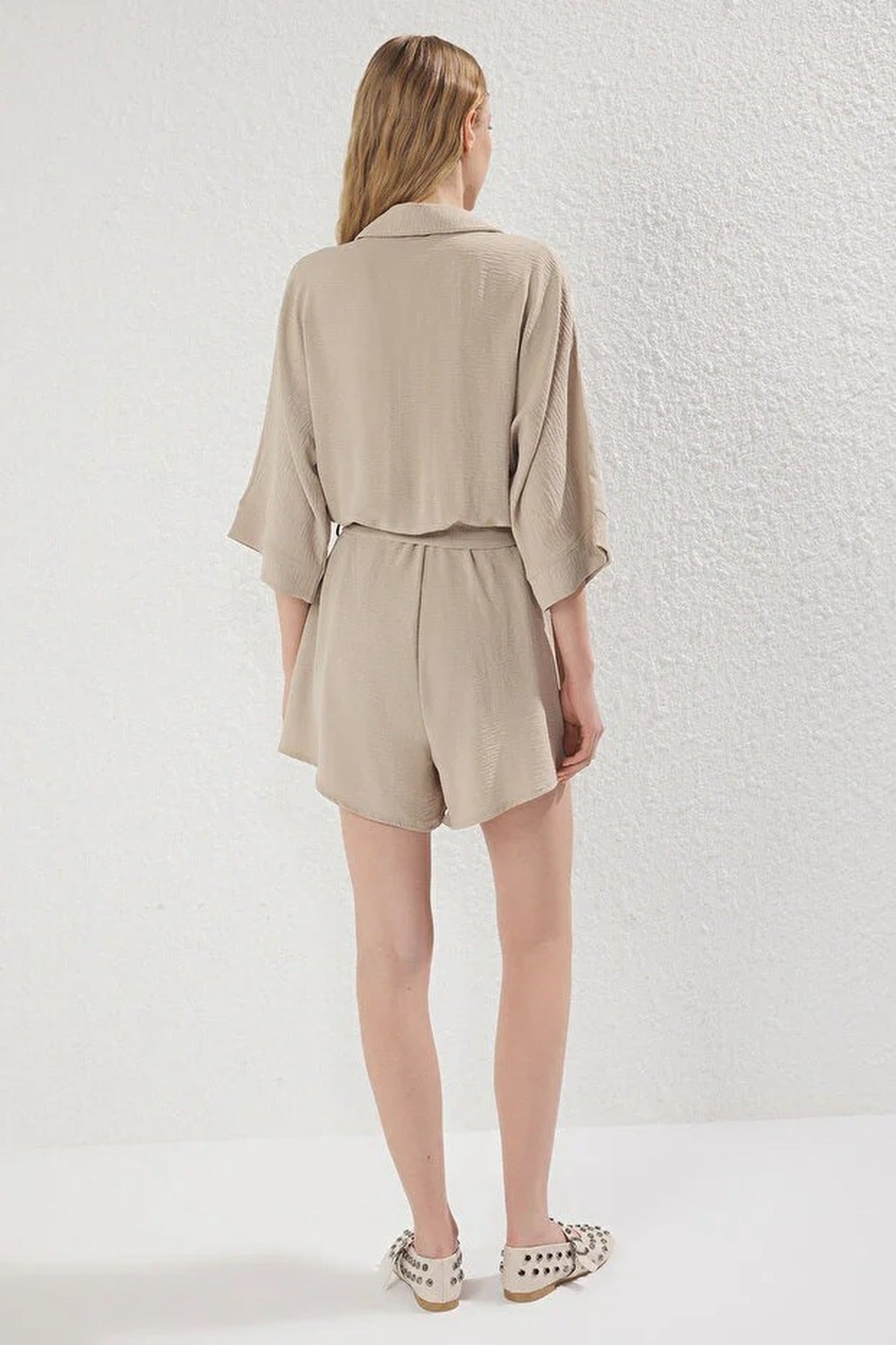 Collared Batwing Sleeve Belted Mini Jumpsuit