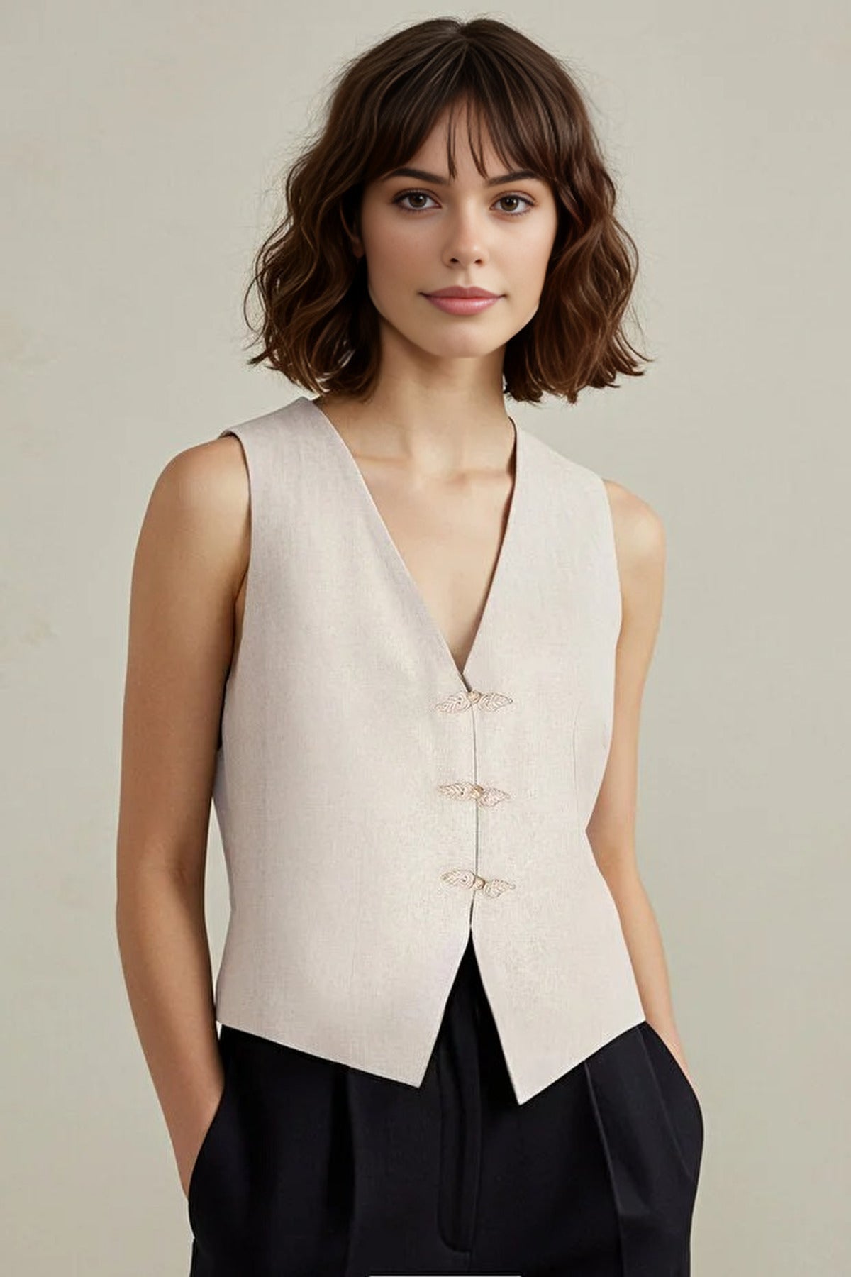 Linen Look Front Tie V-Neck Woven Vest