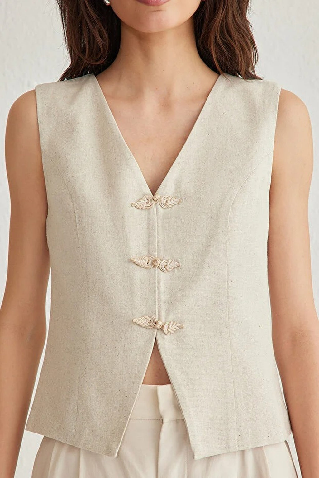 Linen Look Front Tie V-Neck Woven Vest