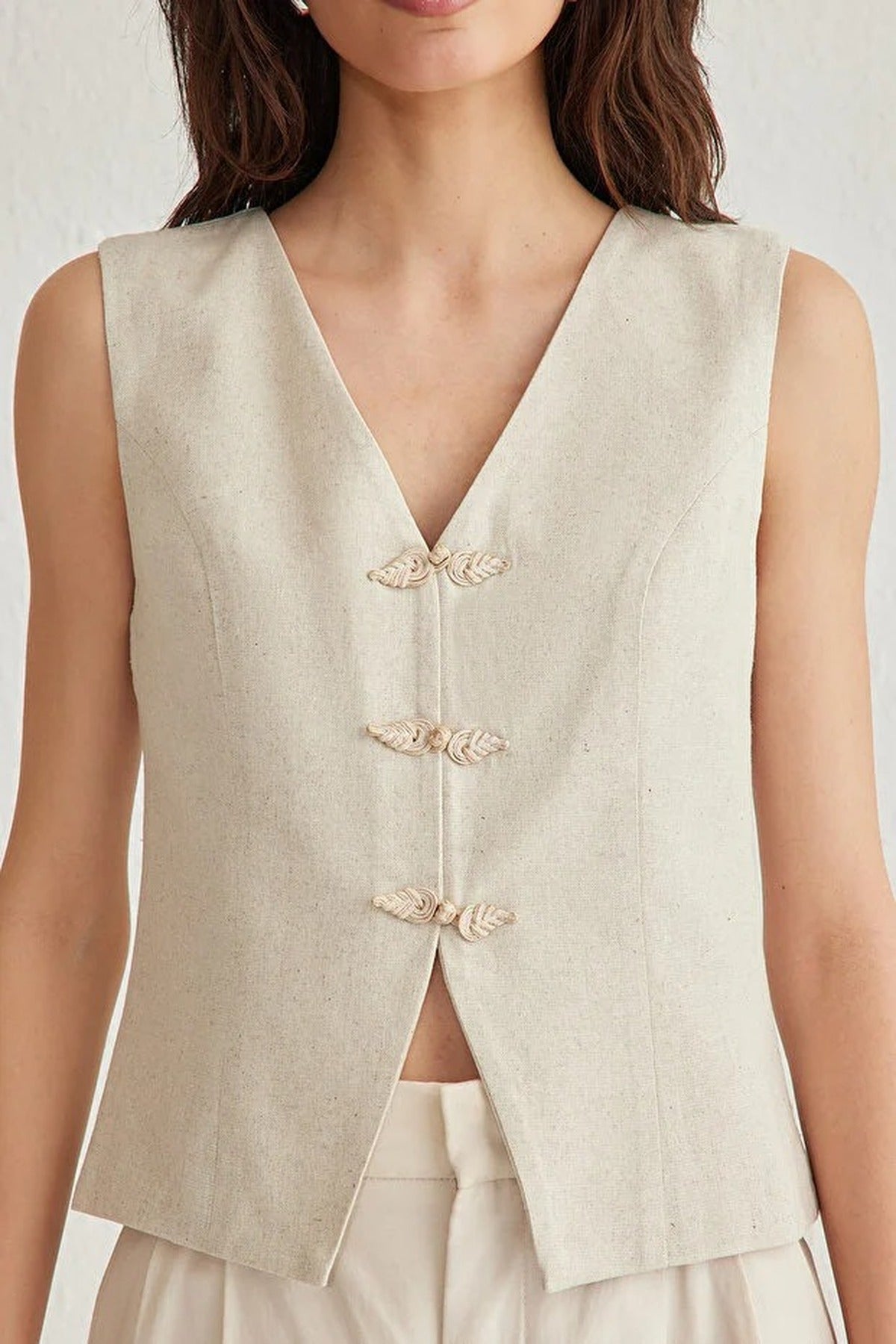 Linen Look Front Tie V-Neck Woven Vest