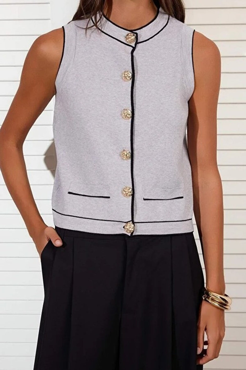 Crew Neck Color Block Knit Thin Blouse